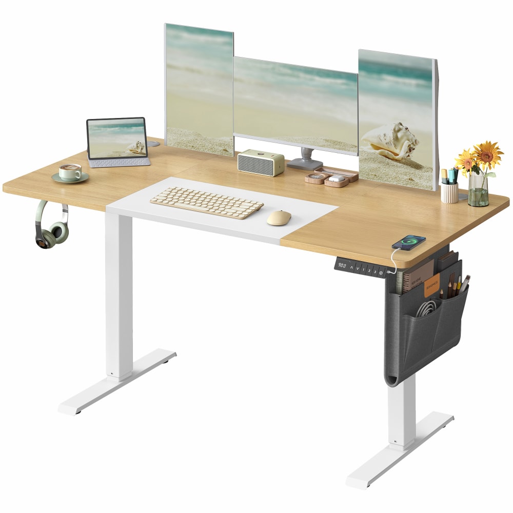 SONGMICS Bureau réglable en hauteur fonction mémoire port 140 x 60 cm blanc style contemporain Jaune Panneau De Particules - 140x120x60cm