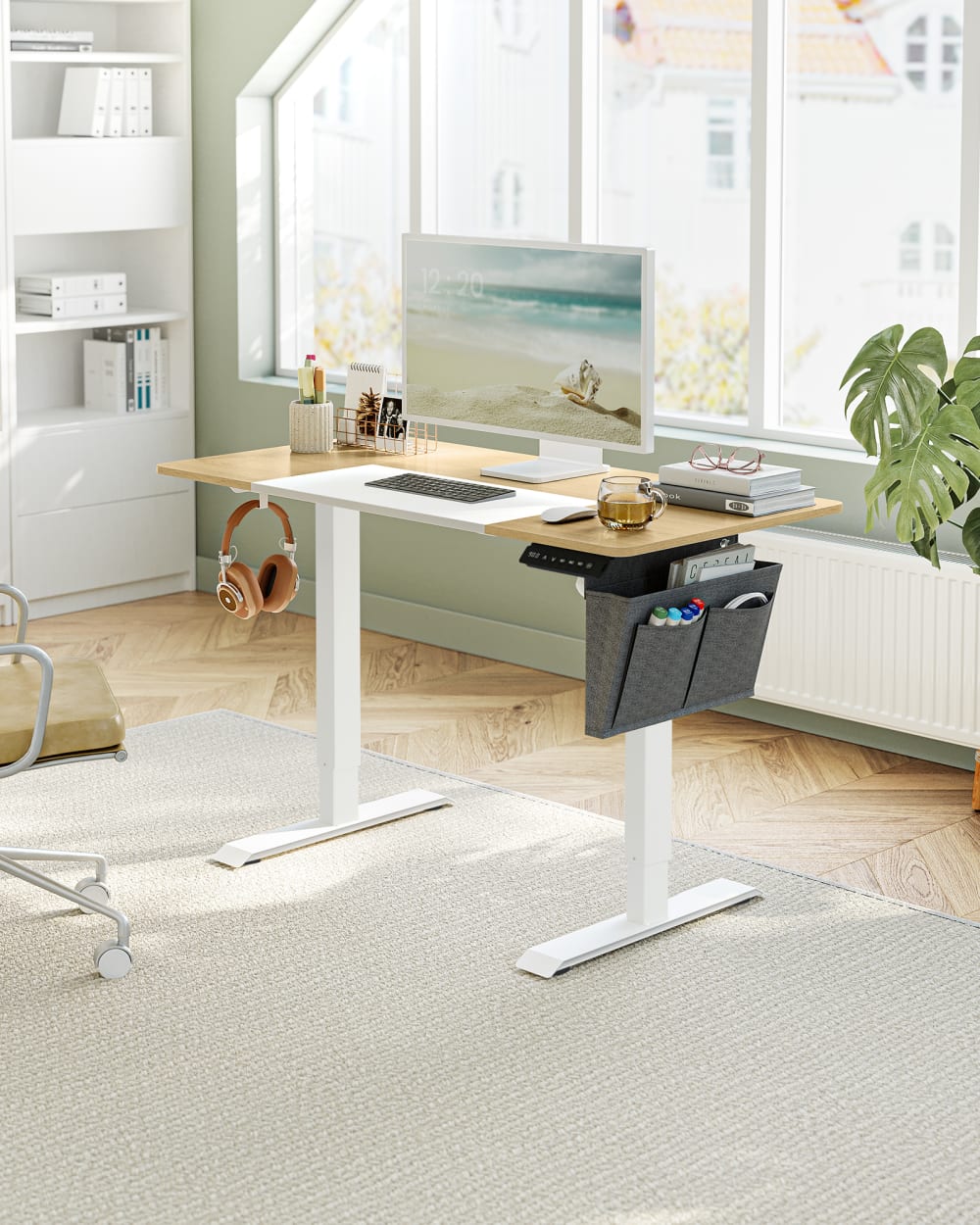 Bureau assis-debout 120 cm effet bois jaune pastel