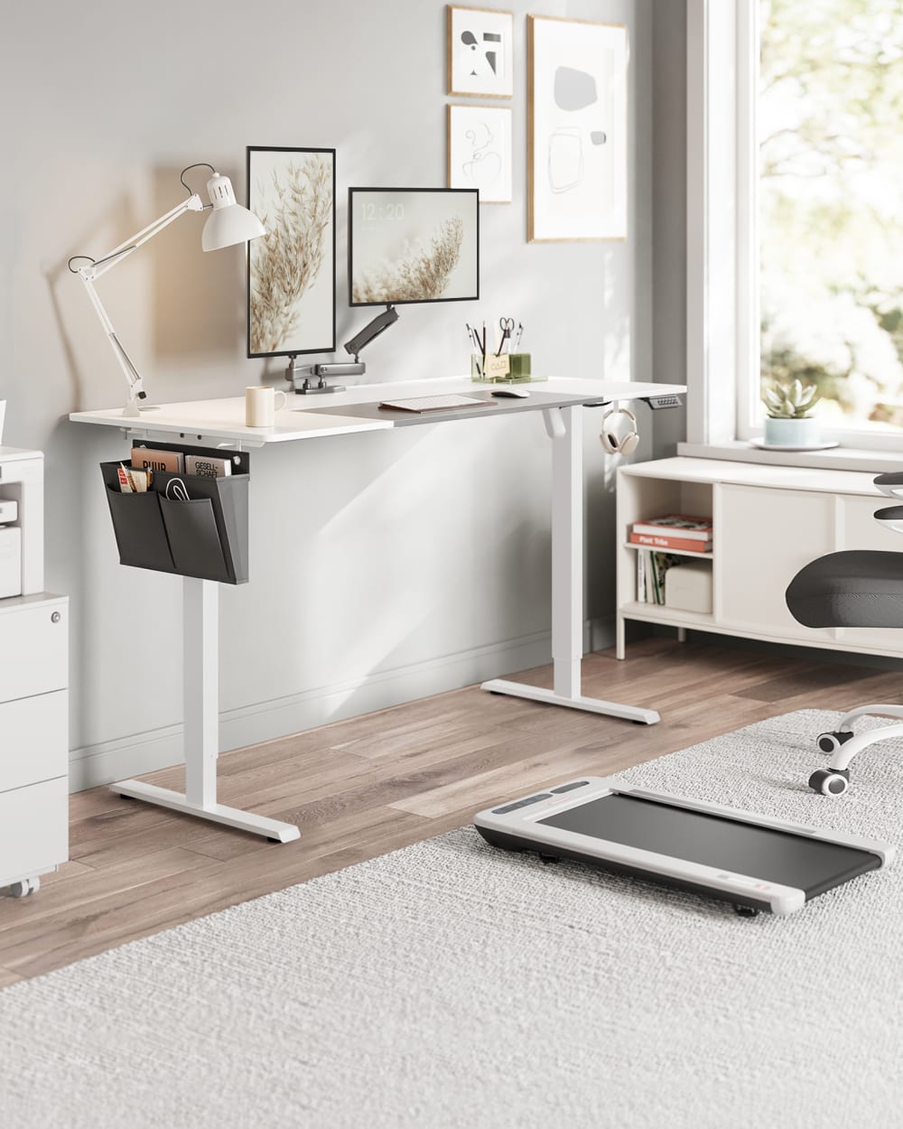 Bureau assis-debout 160 cm effet bois blanc gris