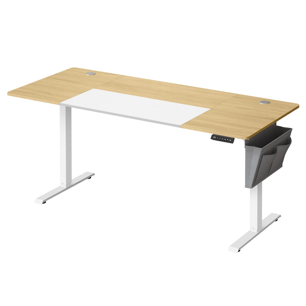 Bureau assis-debout 160 cm effet bois blanc jaune pastel
