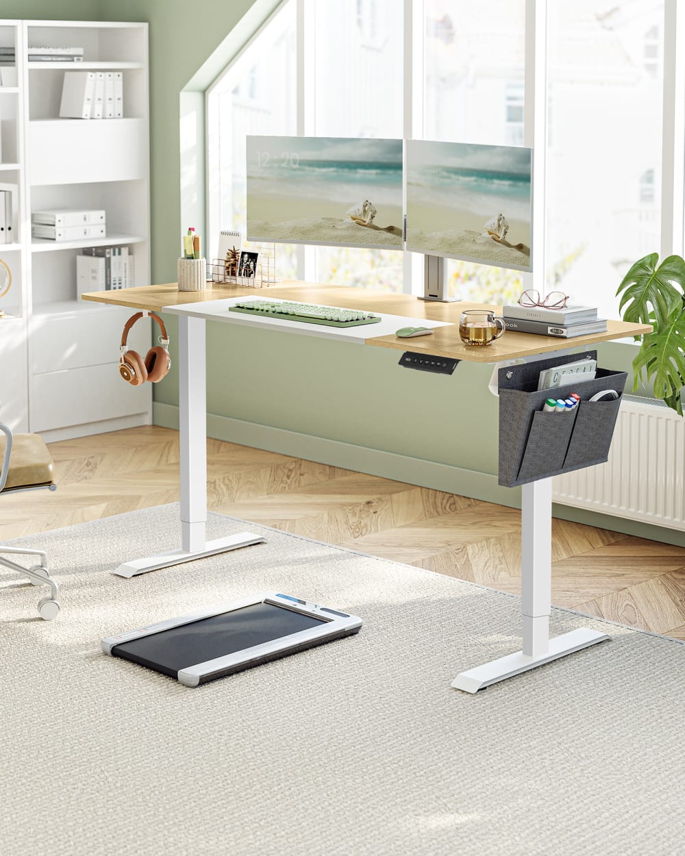 Bureau assis-debout 160 cm effet bois blanc jaune pastel