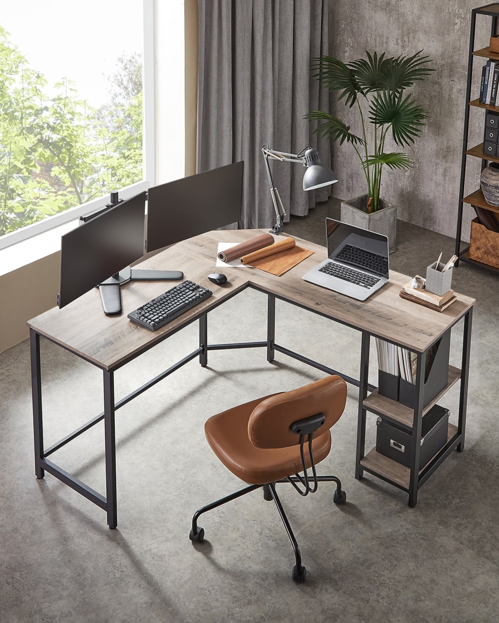 Bureau d'angle avec étagères effet bois grège