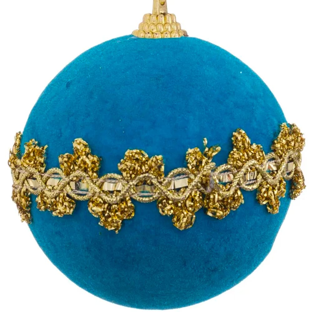 Boule de noël velours bleu turquoise et doré 8cm - Maisons du Monde