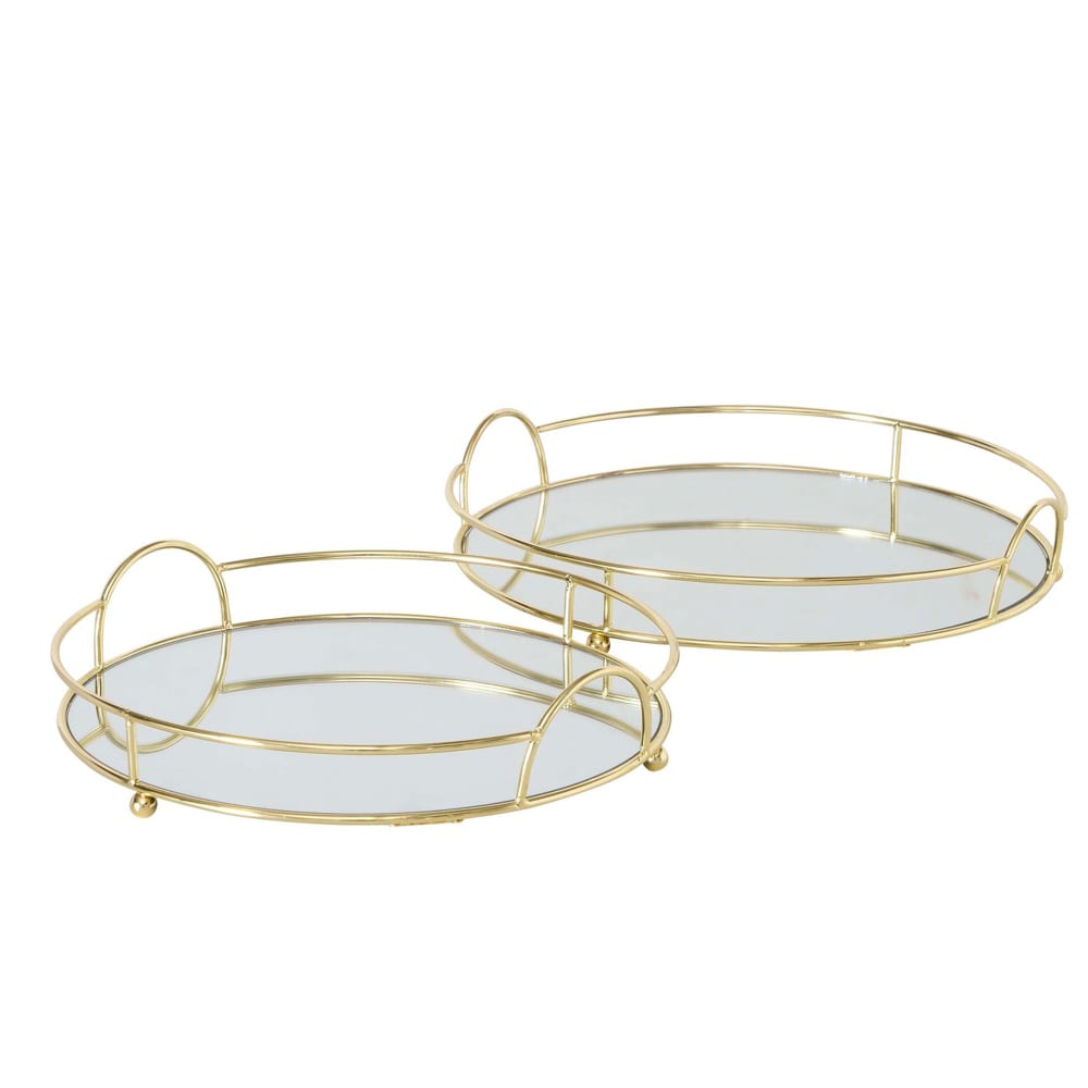 Set de 2 plateaux ronds en métal doré et miroirs