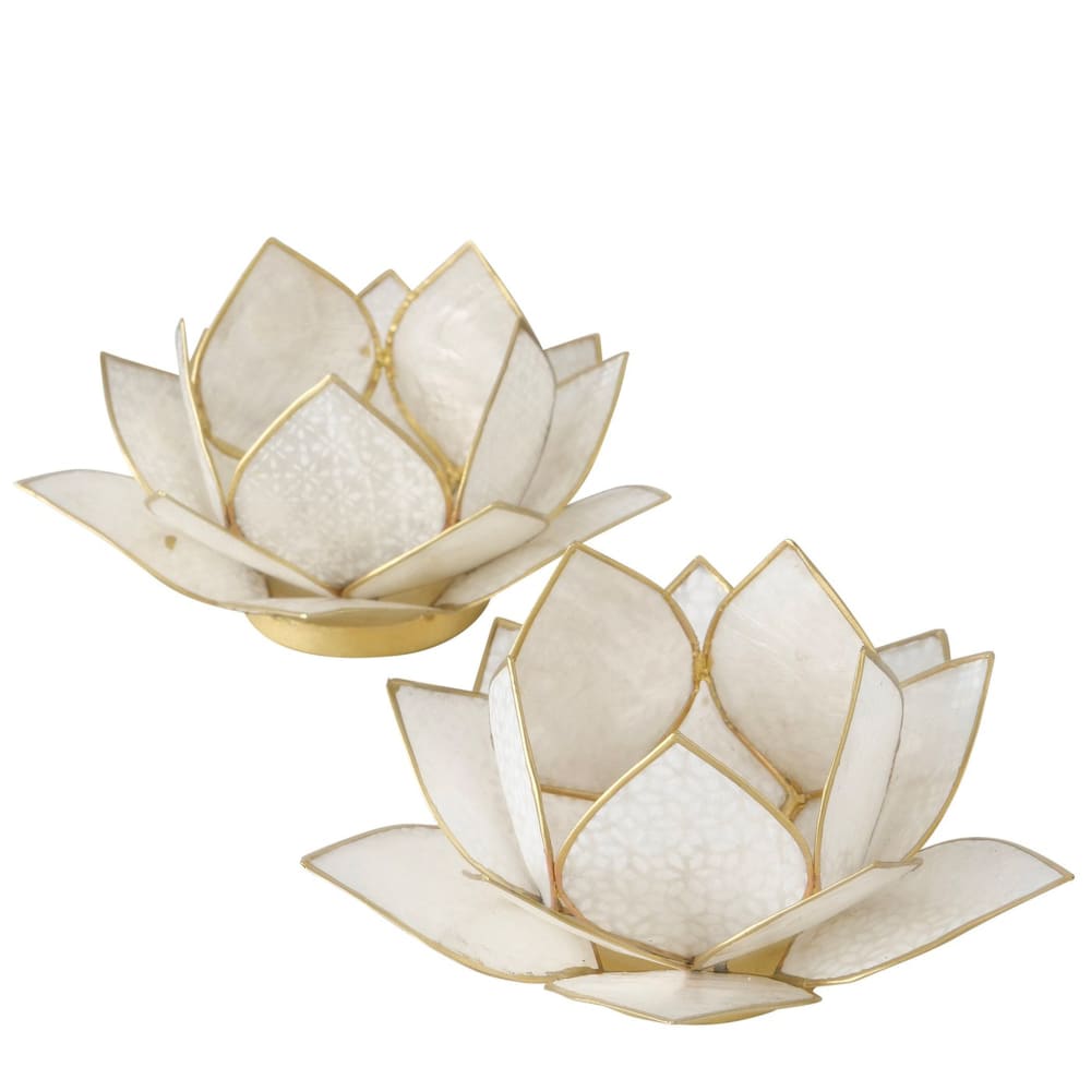 Set de 2 photophores métal doré et nacre nénuphar blanc 15x15x7.5cm