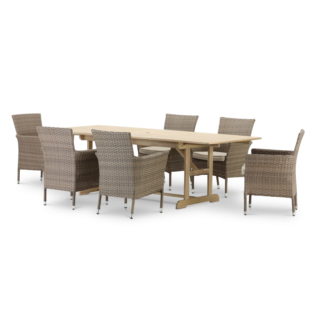 Defora Home Set aus ausziehbarem Tisch 180/240x100 + 6 stapelbare Rattanstühle style landhaus Braun Öko-Tex Zertifikat Rattan