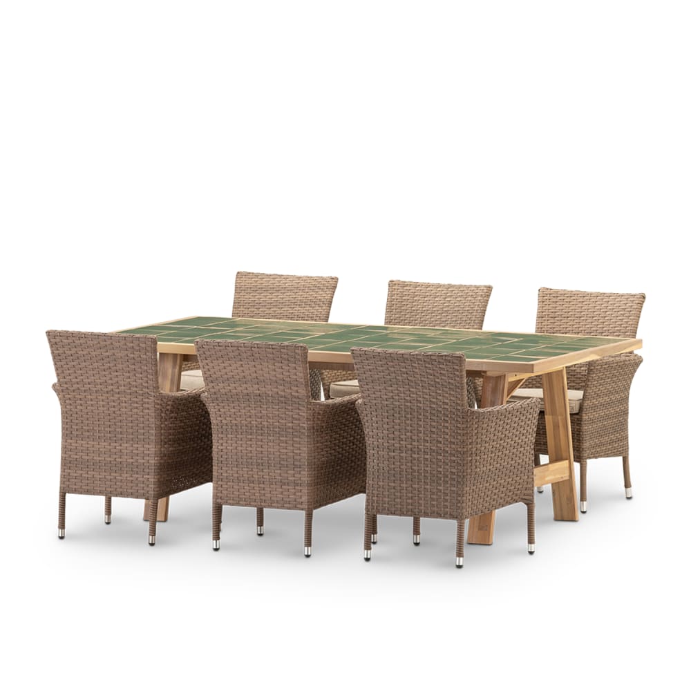 Ensemble table céramique verte 205x105 + 6 chaises rotin synth