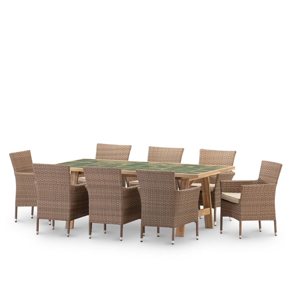 Ensemble table céramique verte 205x105 + 8 chaises rotin synth