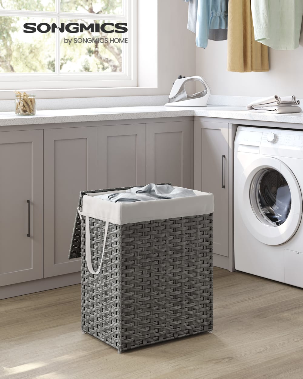 Panier à linge en rotin synthétique pliable 90 l gris et blanc