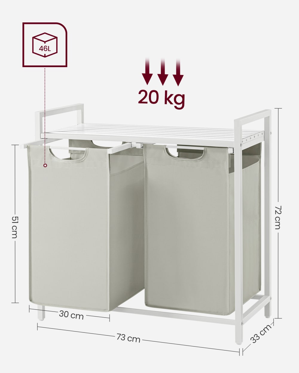 Paniers à linge 2 compartiments effet bois blanc — vue 4