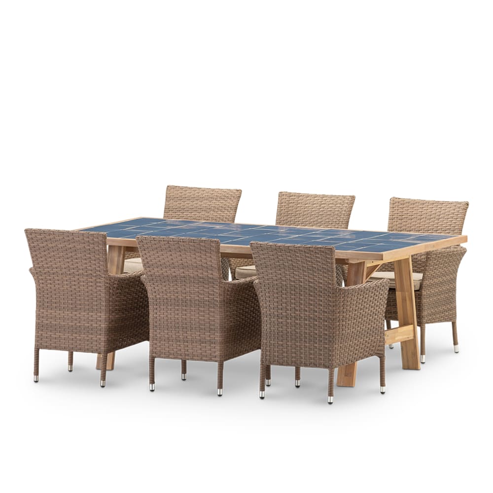 Ensemble table céramique bleue 205x105 + 6 chaises rotin synth