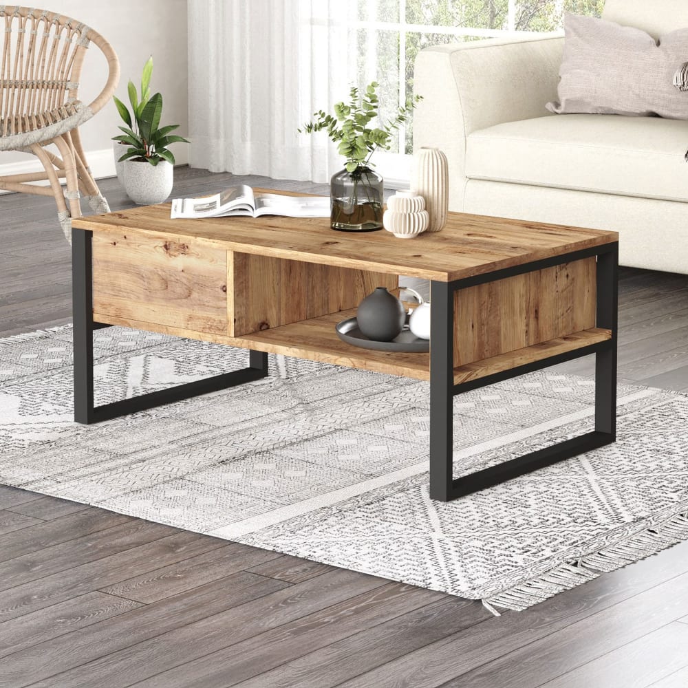 Table basse 2 niveaux 100×59,7×44,4 cm décor naturel et noir Table basse 2 niveaux 100×59,7×44,4 cm décor naturel et noir