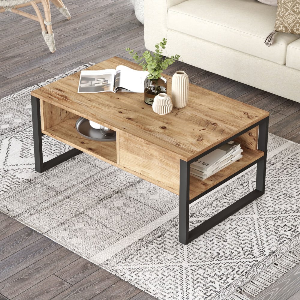 Table basse 2 niveaux 100×59,7×44,4 cm décor naturel et noir - Maisons du Monde
