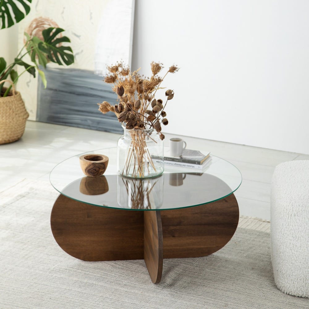 Table basse design d75cm pin massif foncé et verre trompé transparent - Maisons du Monde