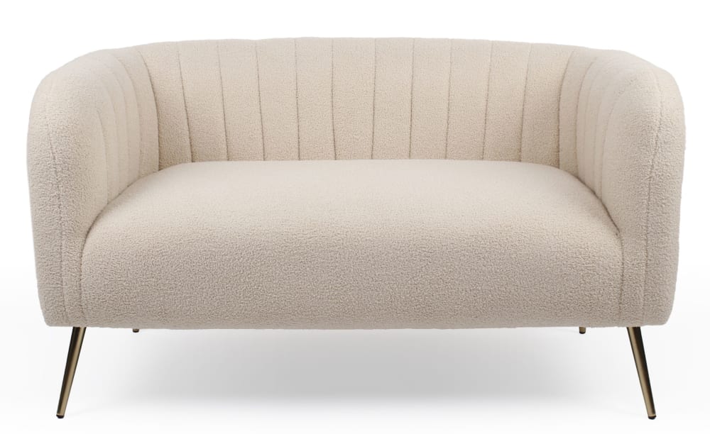 Canapé 2 places moderne pieds métal doré et tissu bouclette beige