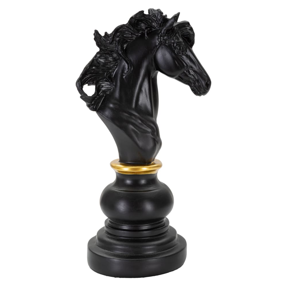 Cheval d’échecs en résine noire et dorée cm 14x11x27