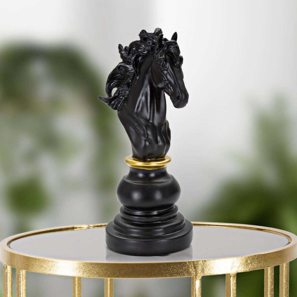 Cheval d’échecs en résine noire et dorée cm 14x11x27 — vue 3