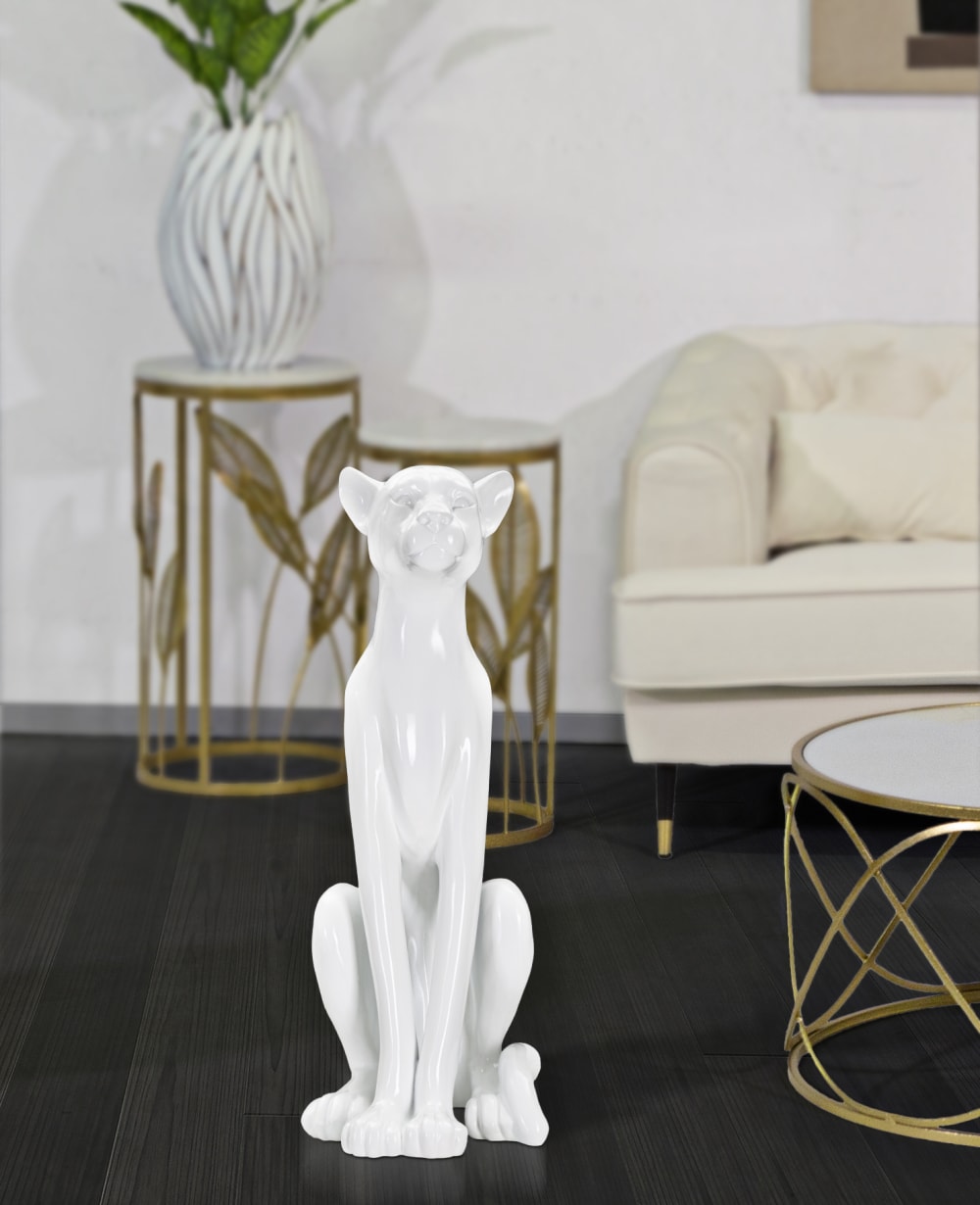 Léopard assis en résine blanche 27x38x74  cm