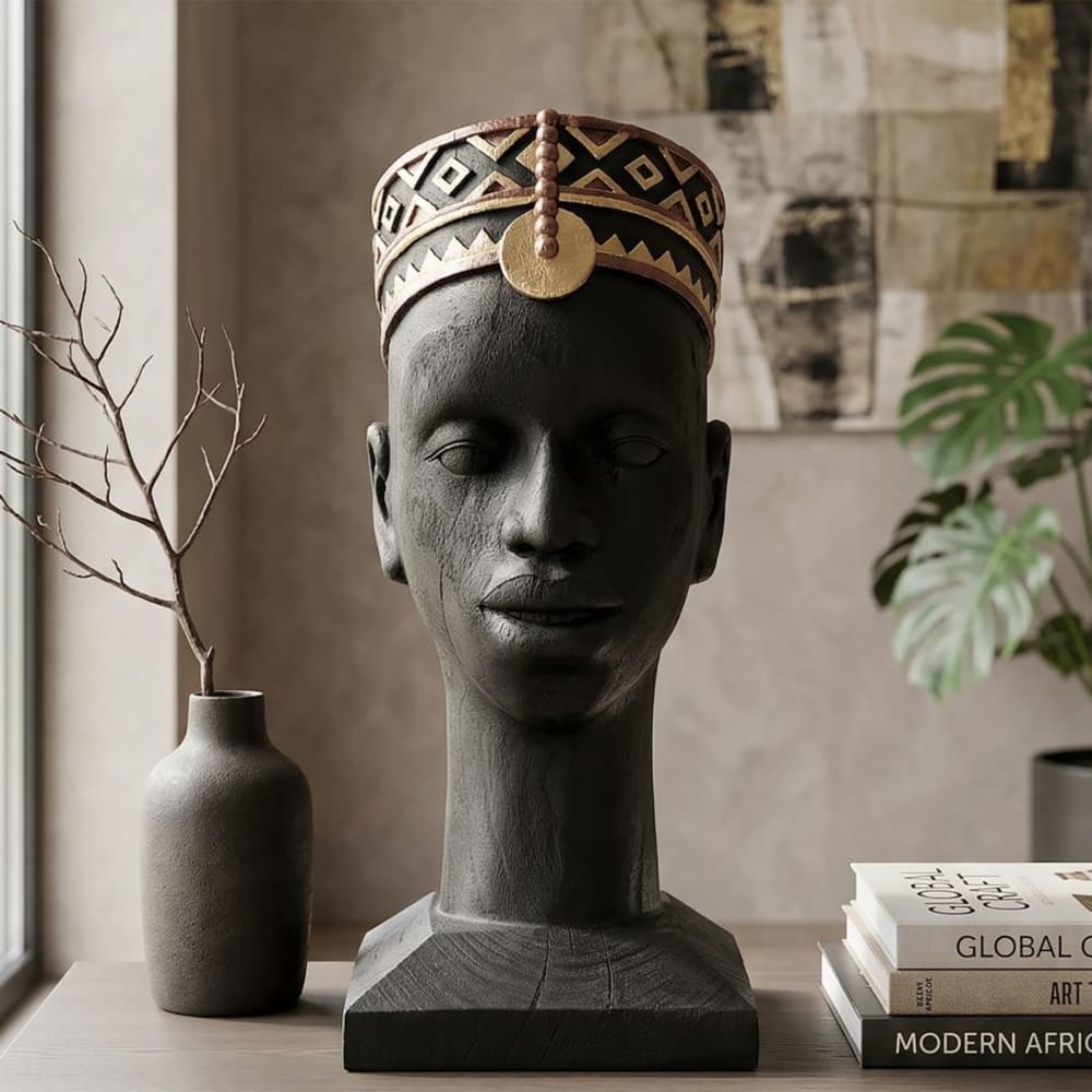 estatuilla en forma de cabeza de hombre en resina negra cm 25x25x56