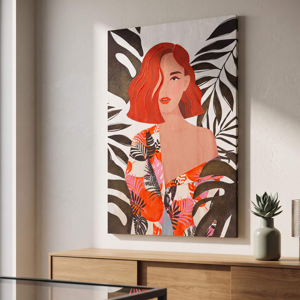 Mauro Ferretti Mehrfarbiger Leinwanddruck einer Frau mit Blättern, 80 x 2,8 x 120 cm style modern Mehrfarbig Holz