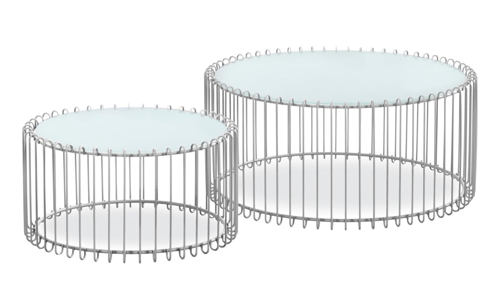 Menzzo Ensemble de 2 tables basses rondes verre blanc et métal gris style contemporain Blanc Métal - 85x38x85cm