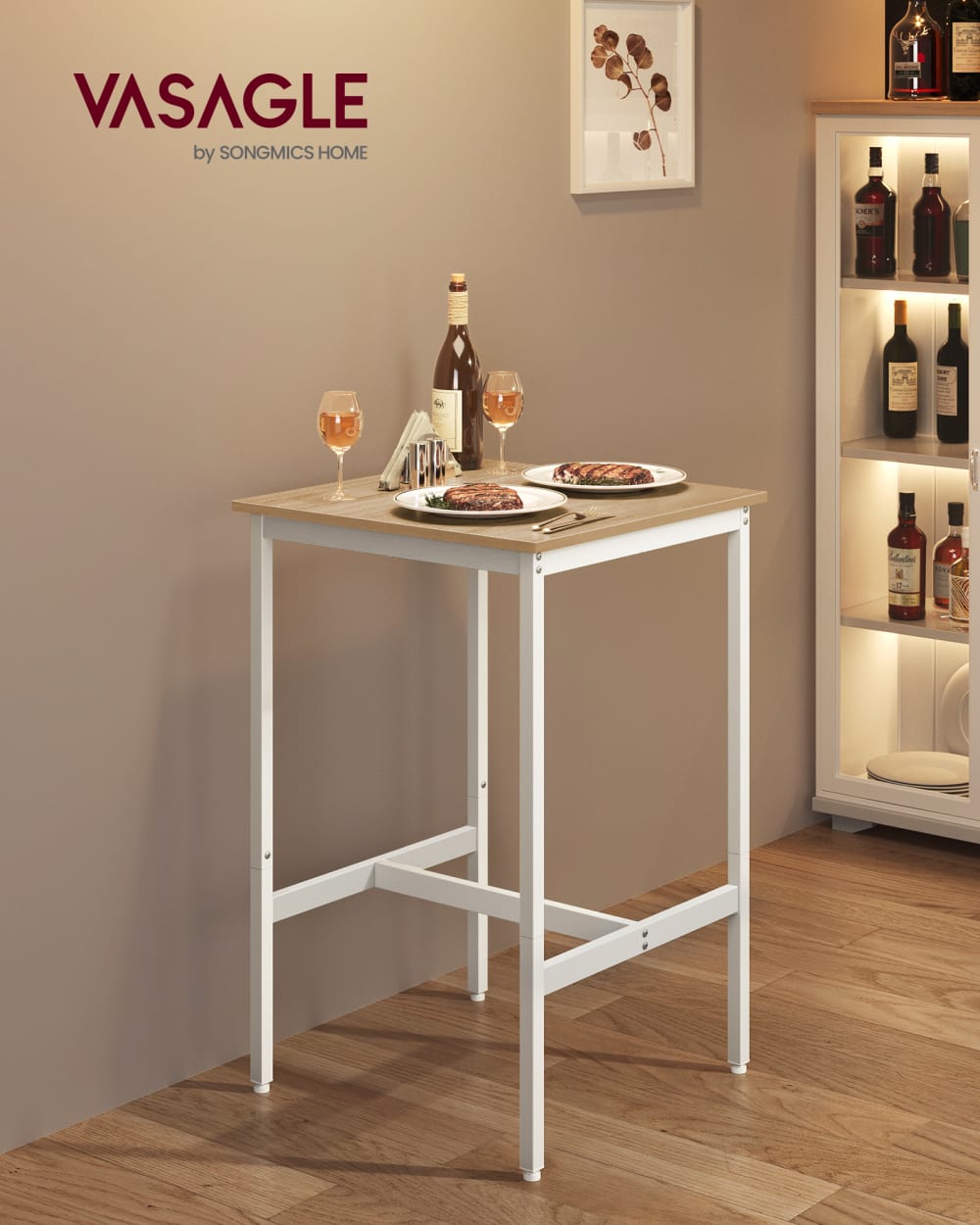 VASAGLE Table haute de bar carrée cadre en acier 60 x 60 x 92 cm doré et blanc style industriel Blanc Panneau De Particules - 60x92x60cm