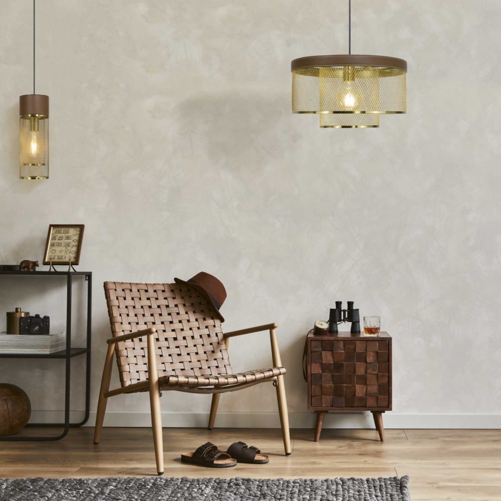 Suspension D40 en métal grillagé doré et simili cuir marron