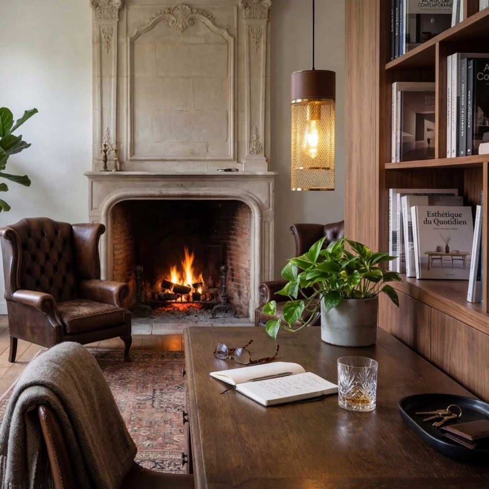 Suspension D13 en métal grillagé doré et simili cuir marron