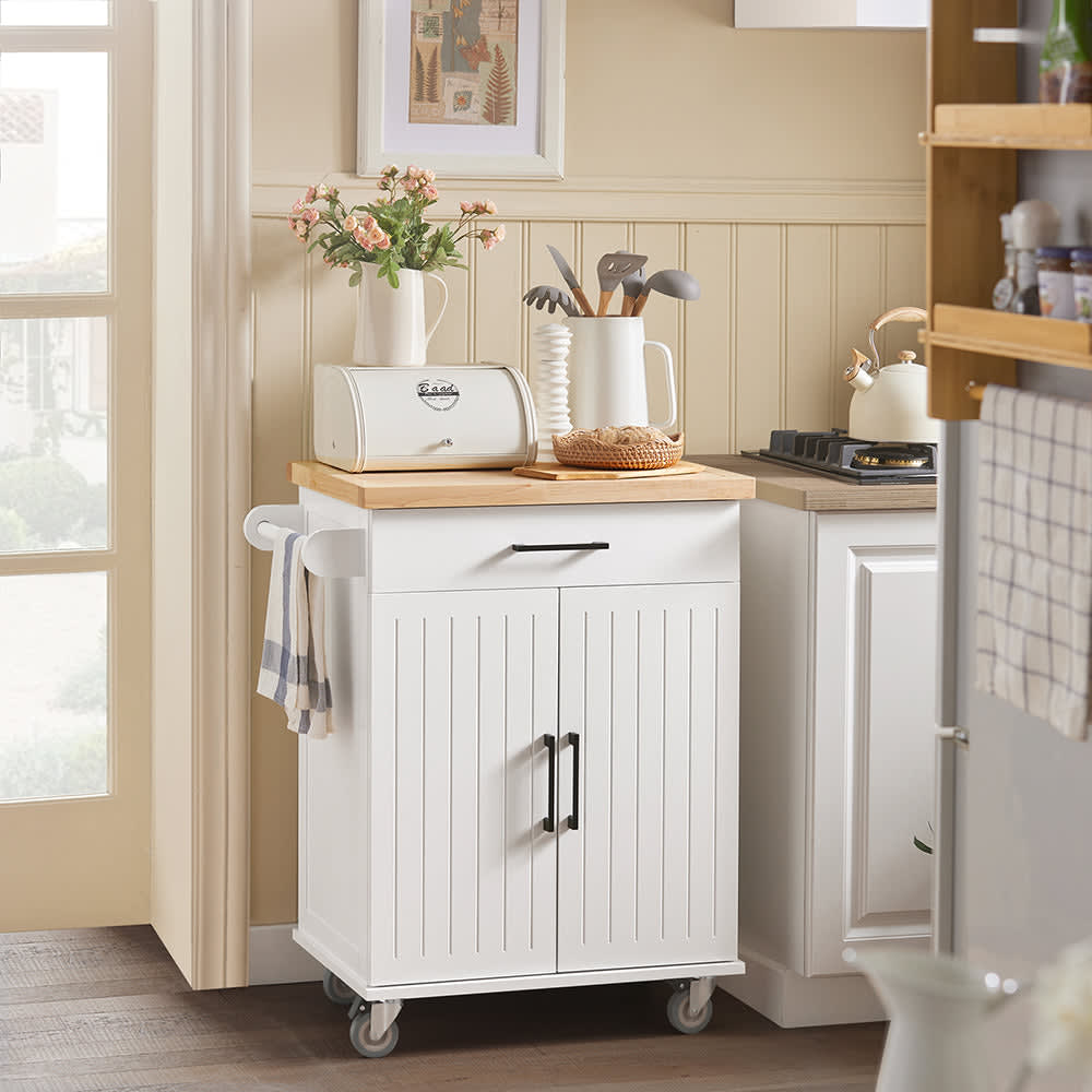 Desserte effet bois blanc à roulettes 1 tiroir 2 portes - Maisons du Monde