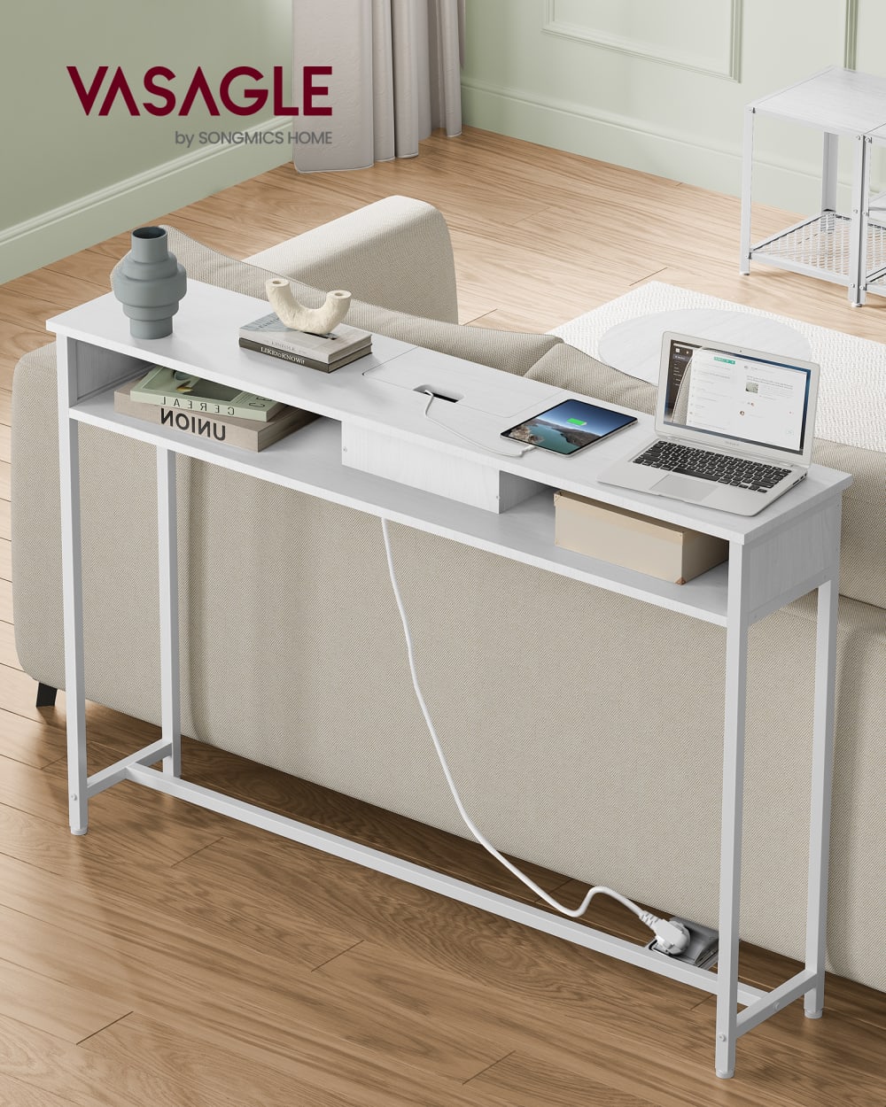 VASAGLE Table avec prises d'appoint à 2 compartiments gain de place blanc style industriel Blanc Panneau De Particules - 120x81x25cm