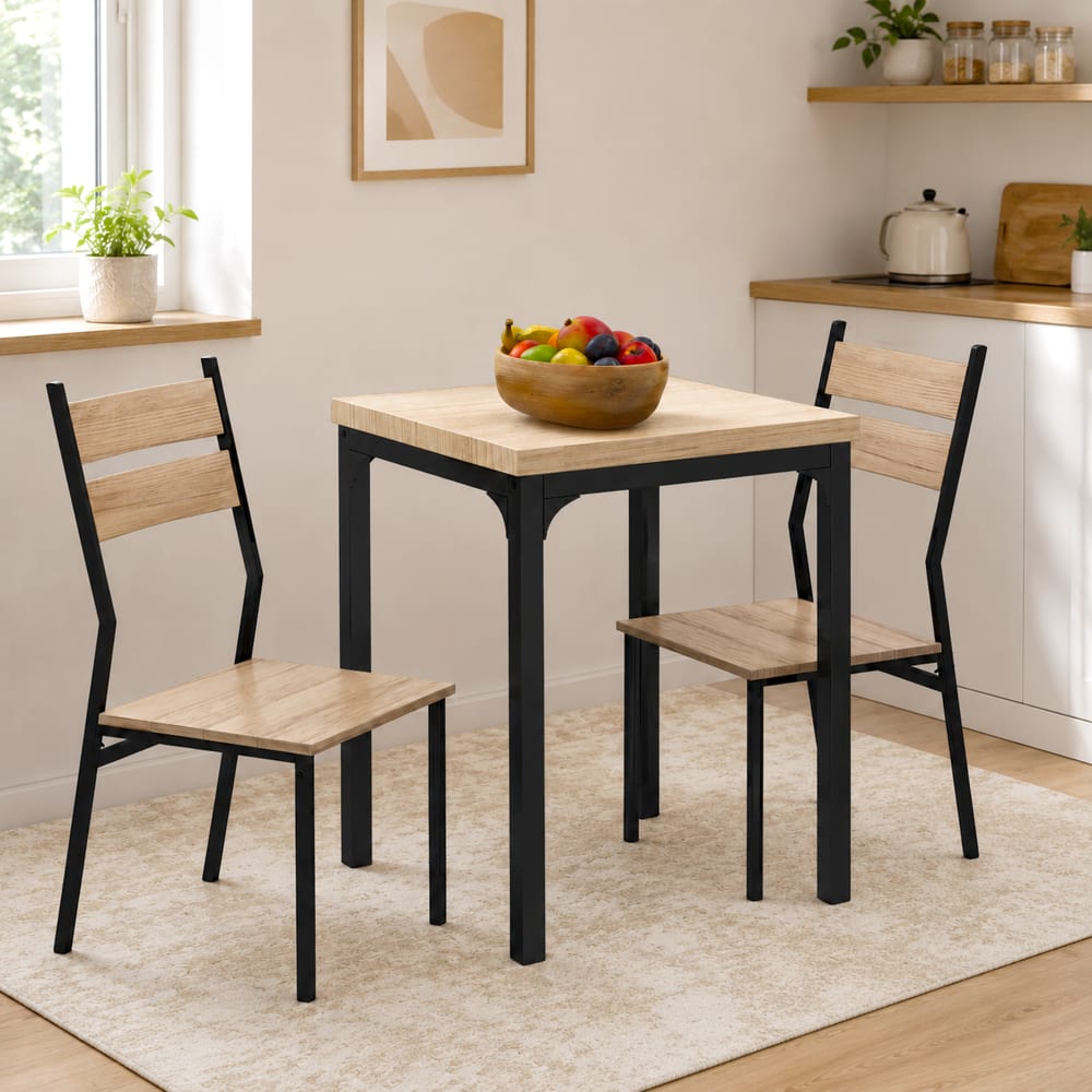 Homcom Industriestil-Tisch & 2 Stühle, Eiche & Schwarzstahl Grau
