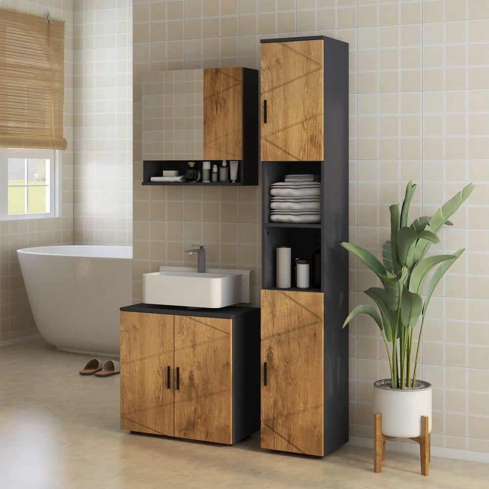Armoire miroir salle de bain multi-rangement anthracite aspect bois - Maisons du Monde