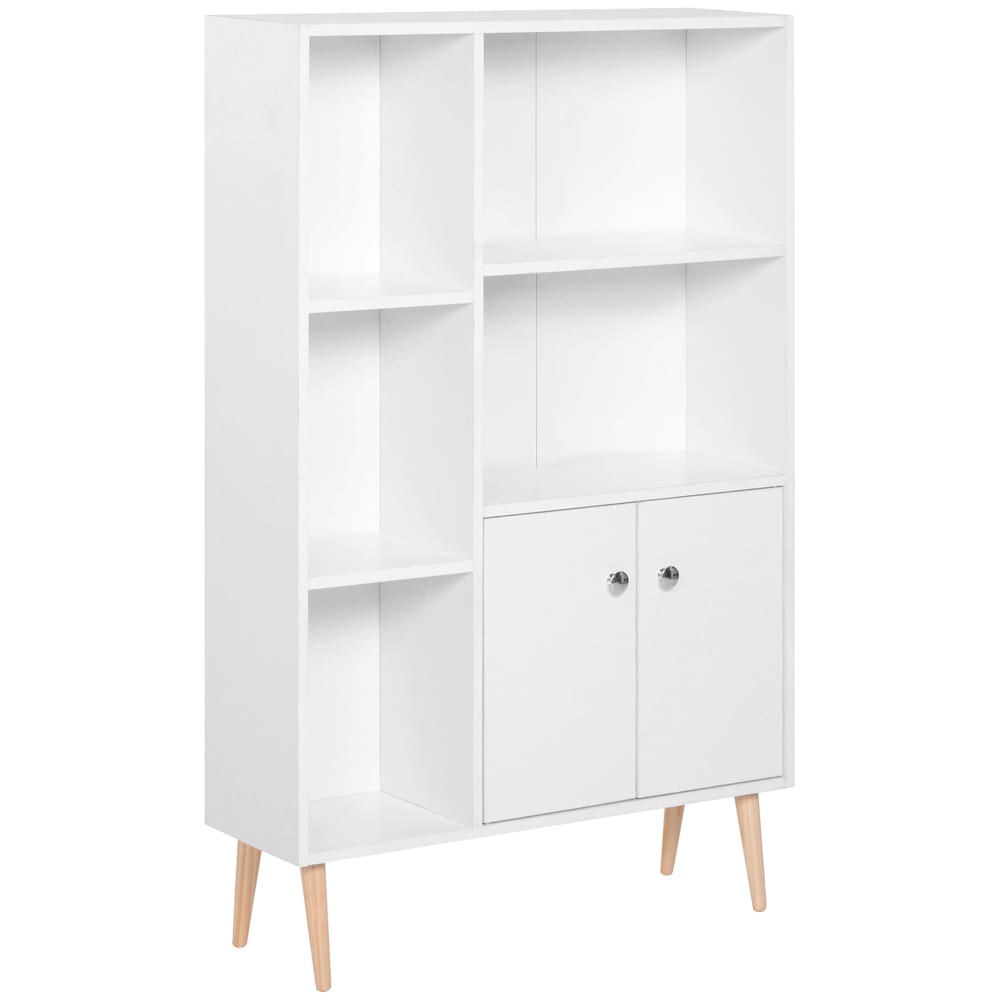 Bibliothèque scandinave 5 niches 2 portes pieds bois panneaux blanc