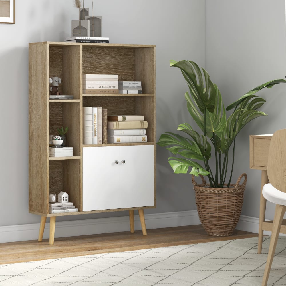 Bibliothèque scandinave 5 niches 2 portes pieds bois panneaux naturels - Maisons du Monde