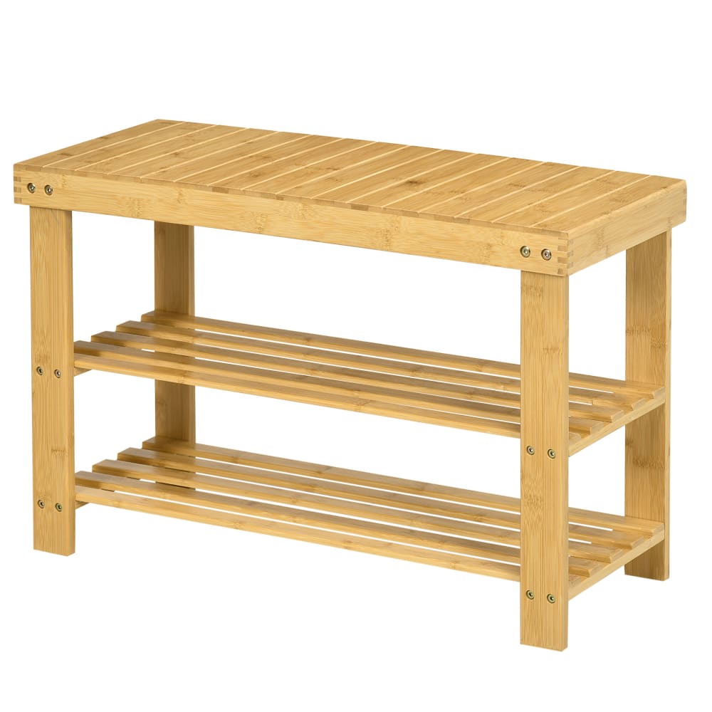 Banc à chaussures 2 étagères dim. 70l x 28l x 45h cm bois bambou verni