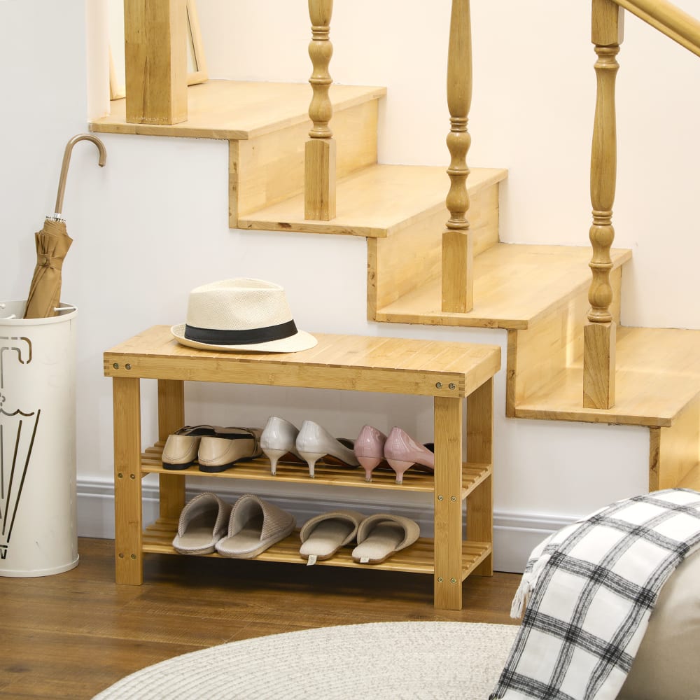 Banc à chaussures 2 étagères dim. 70l x 28l x 45h cm bois bambou verni - Maisons du Monde