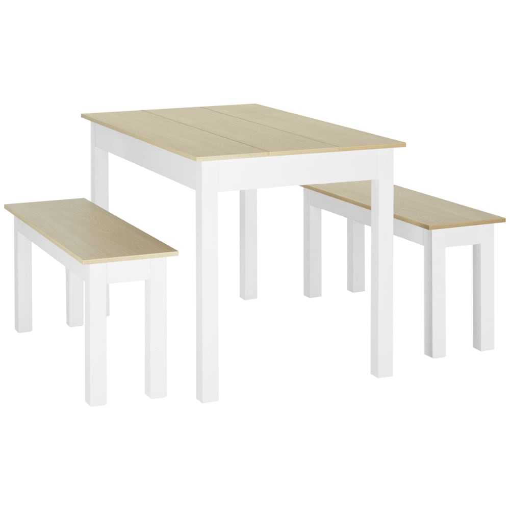 Ensemble table à manger 3 pièces avec 2 bancs blanc aspect bois clair