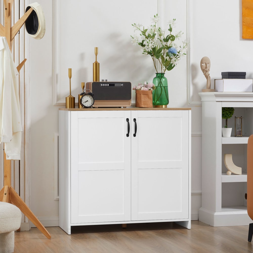 Buffet 2 portes 2 étagères panneaux blanc aspect bois clair - Maisons du Monde