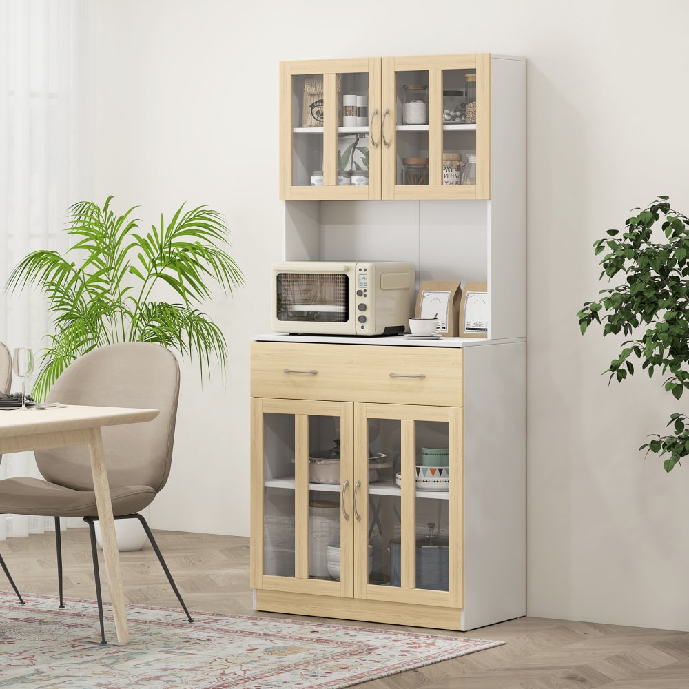 Vitrine haute 4 portes verre étagère tiroir niche blanc aspect bois