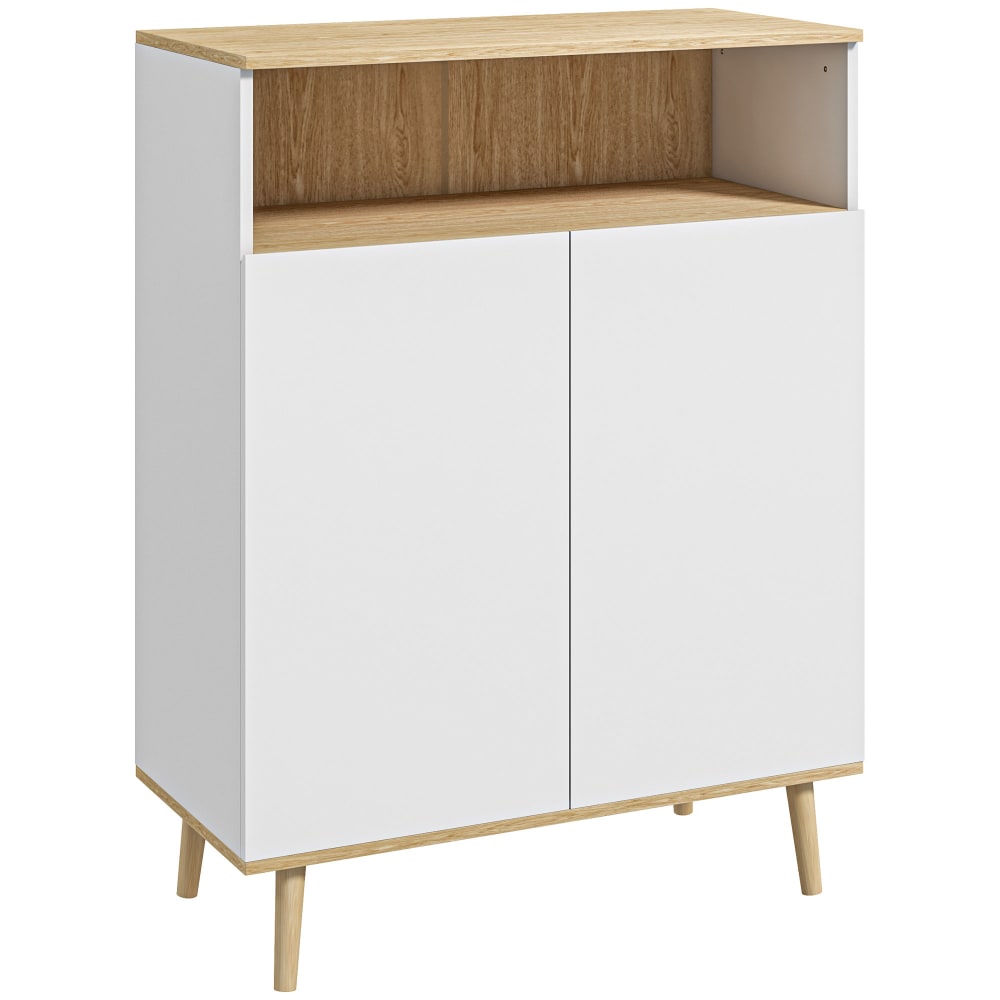 Buffet style scandinave 2 portes étagère niche blanc aspect bois clair