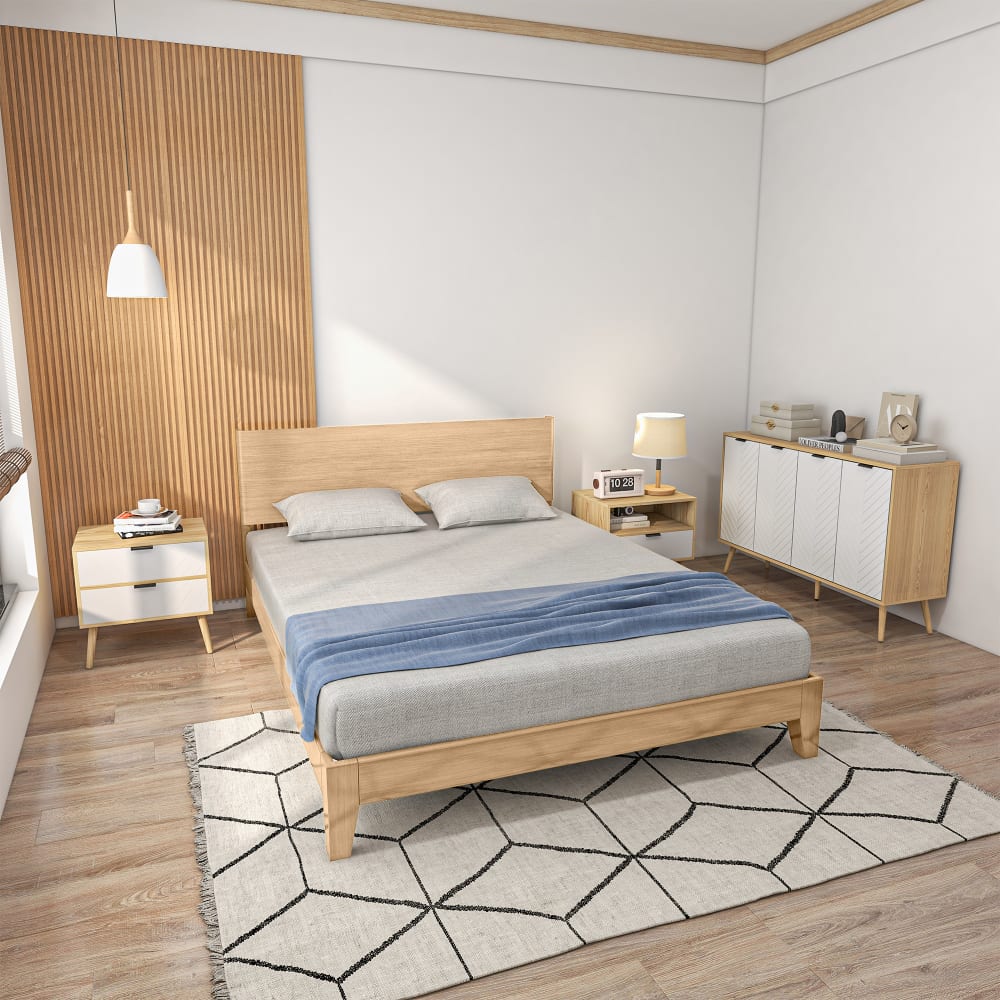 Buffet design scandinave 4 portes motif chevrons 2 étagères blanc bois