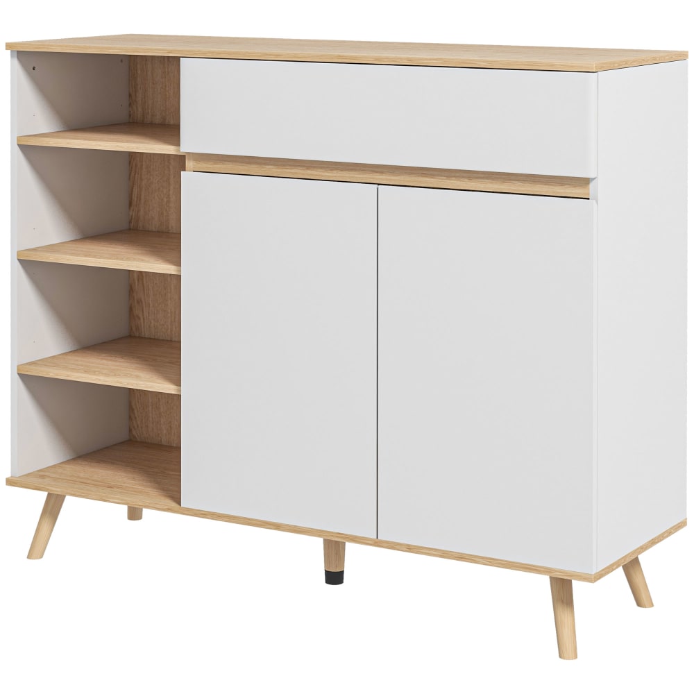 Buffet scandinave 2 portes tiroir 4 niches blanc aspect chêne clair