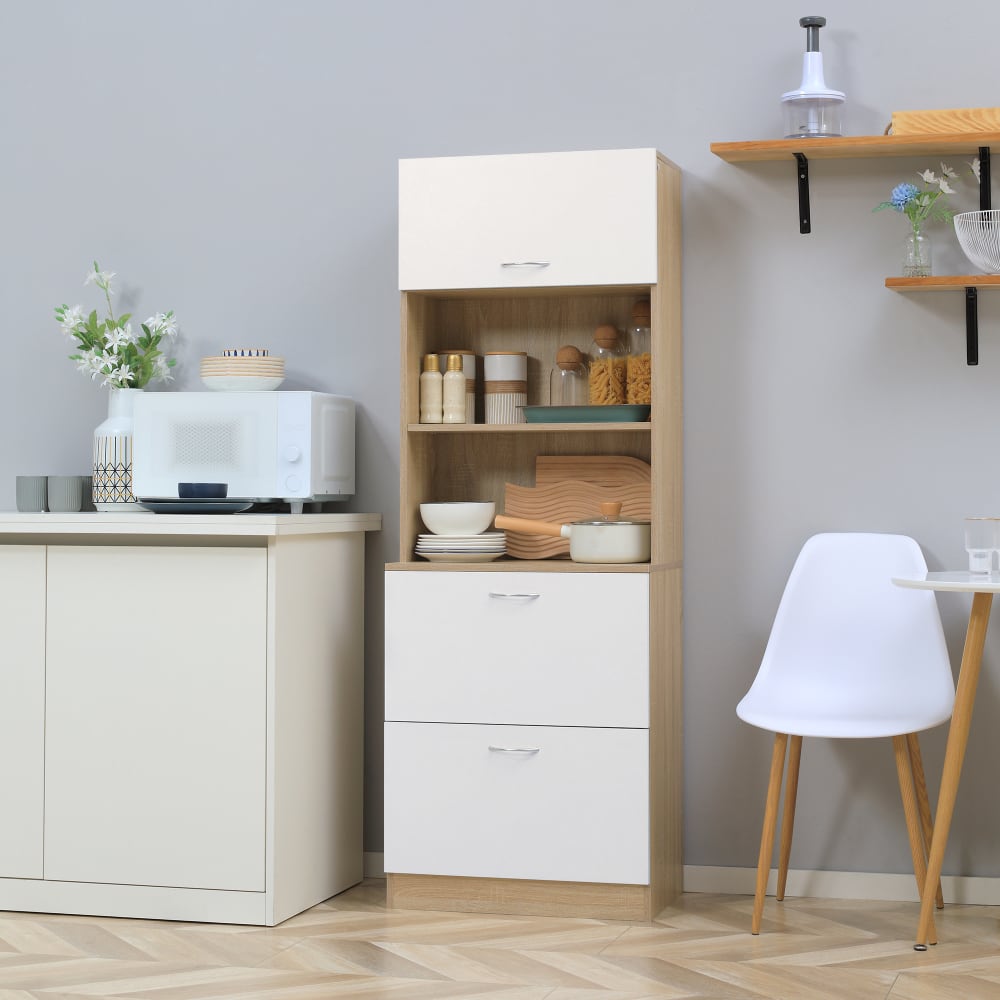 Buffet haut - 2 tiroirs, porte, 2 niches - blanc aspect bois clair - Maisons du Monde