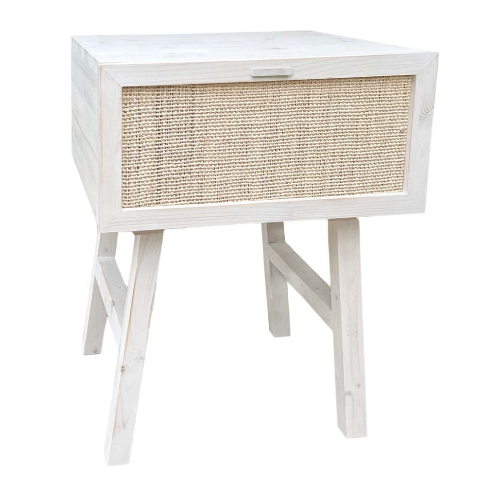 Table de chevet en bois massif et raphia naturel blanc vieilli 45cm