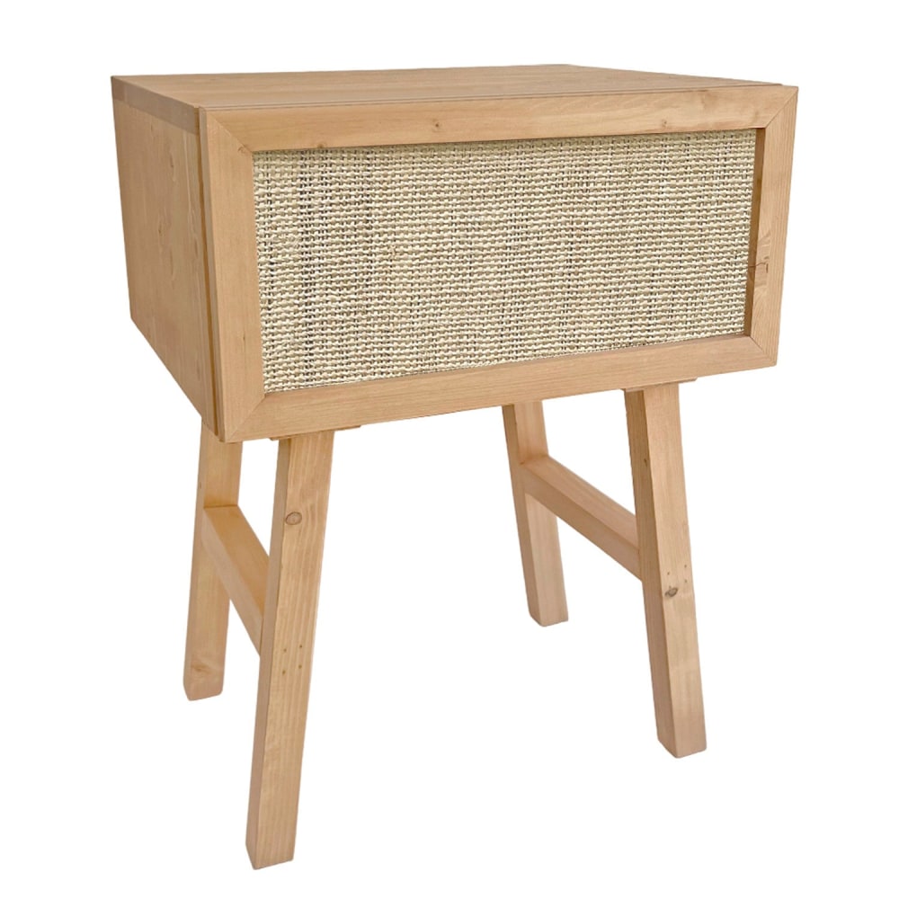 Table de chevet en bois massif tons clairs et tiroir en raphia 45cm