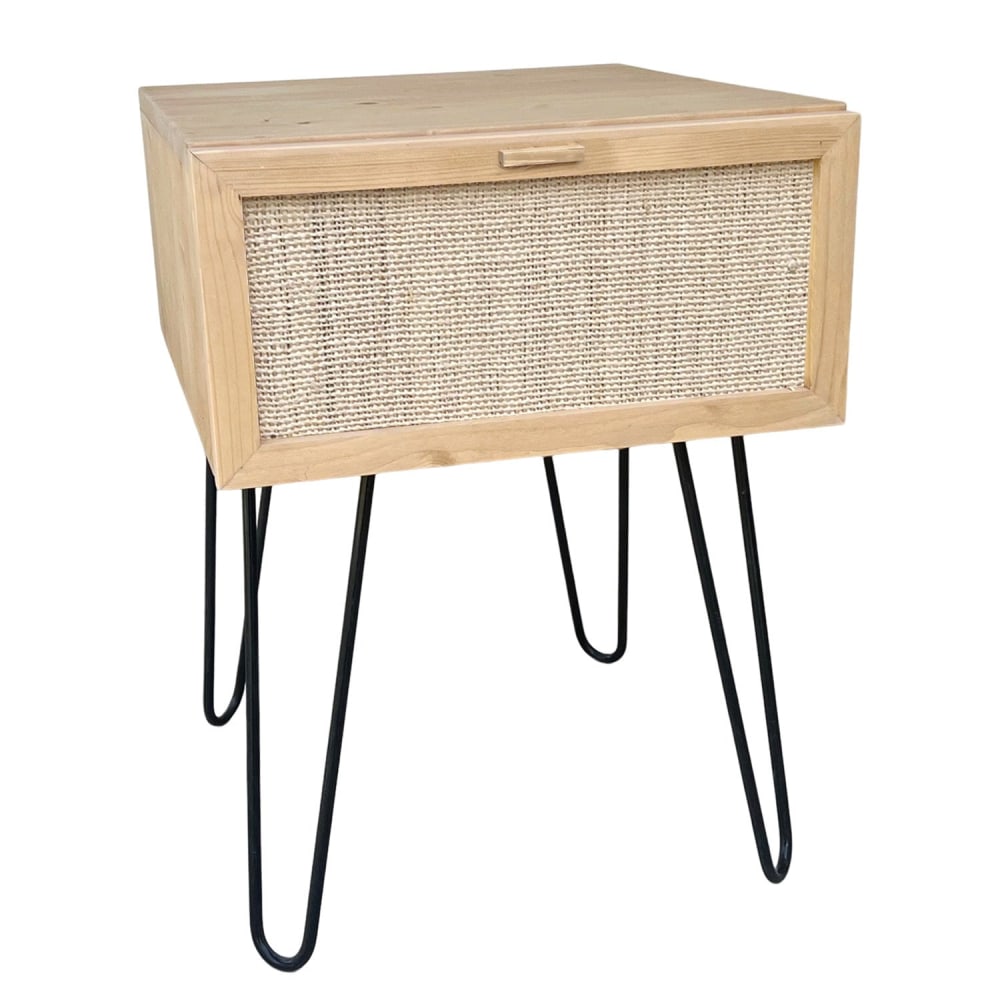 NATYAL Nachttisch aus Holz hell mit Schublade aus Raffia und Metallbeinen style seaside Beige Holz