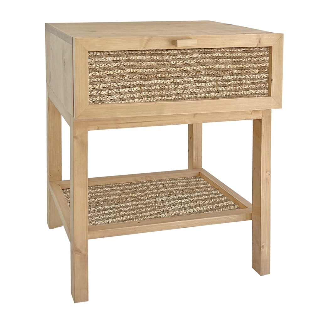 Table de chevet en bois clairs avec étagère et tiroir en jute