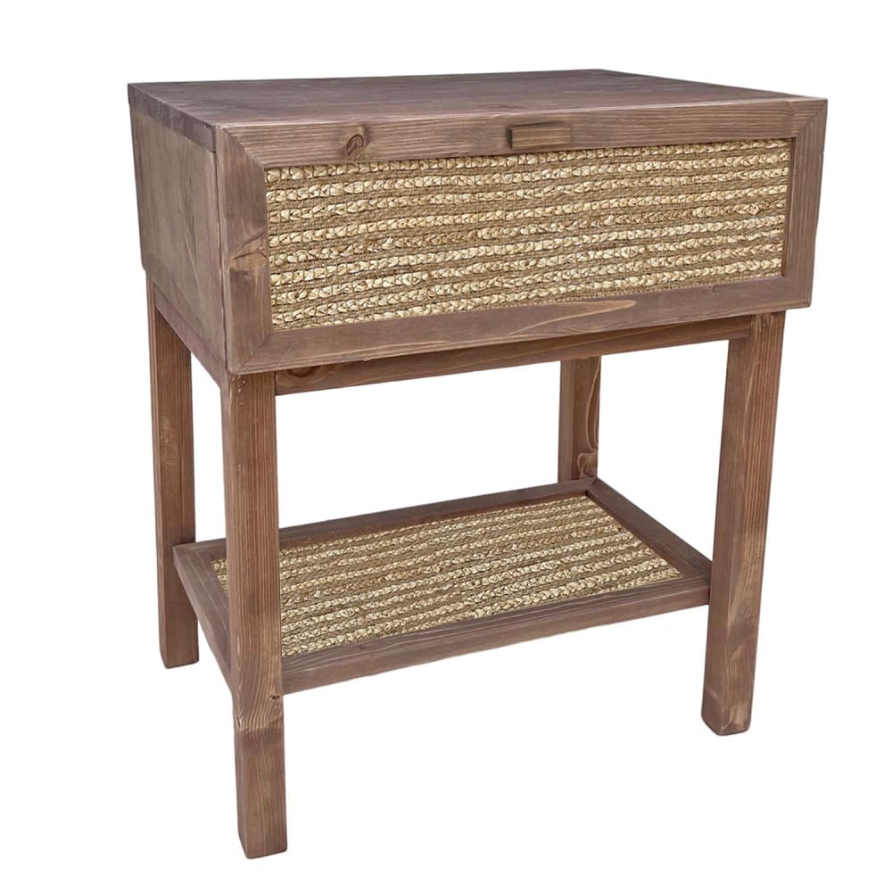 Table de chevet en bois sombre avec étagère et tiroir en jute