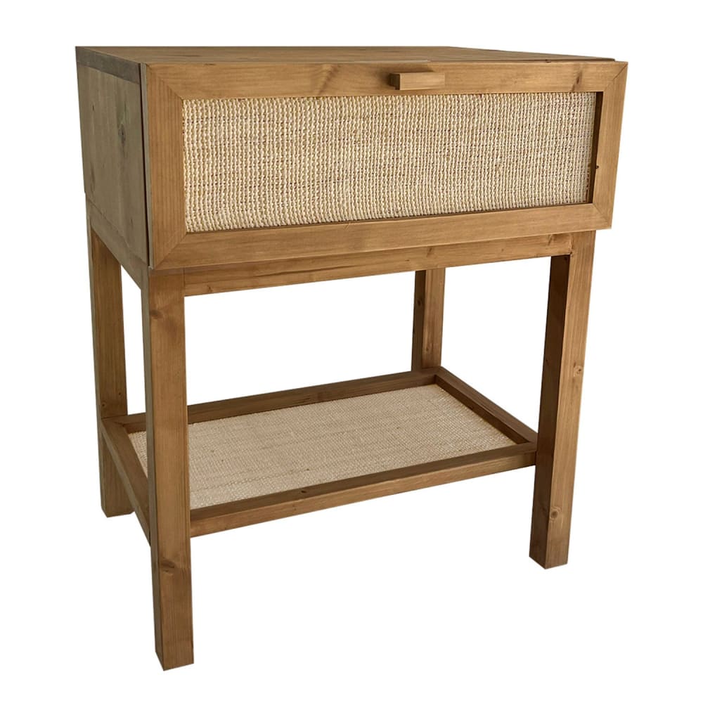 Table de chevet en bois couleur chêne avec étagère et tiroir en raphia