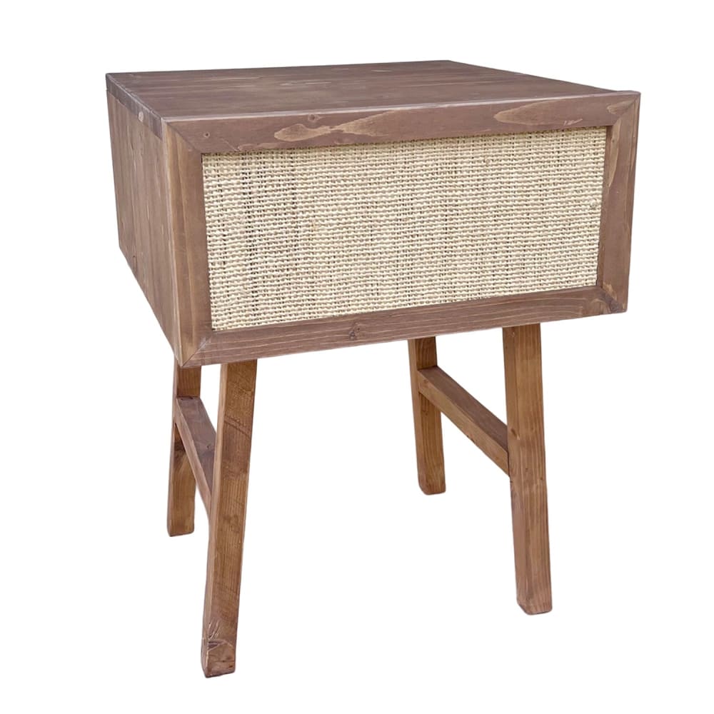 Table de chevet en bois massif sombre et tiroir en raphia 45cm
